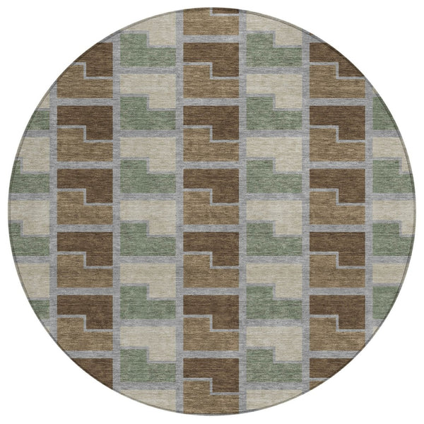 HomeRoots 8' Round Geometric Area Rug in Chocolate Gray & Beige - Washable, Indoor/Outdoor, Durable Design 691166