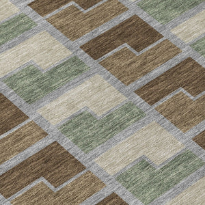 HomeRoots 8' Round Geometric Area Rug in Chocolate Gray & Beige - Washable, Indoor/Outdoor, Durable Design 691166