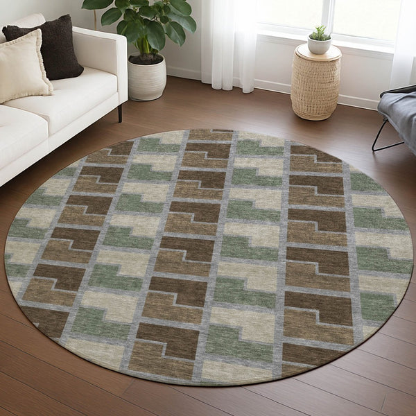 HomeRoots 8' Round Geometric Area Rug in Chocolate Gray & Beige - Washable, Indoor/Outdoor, Durable Design 691166
