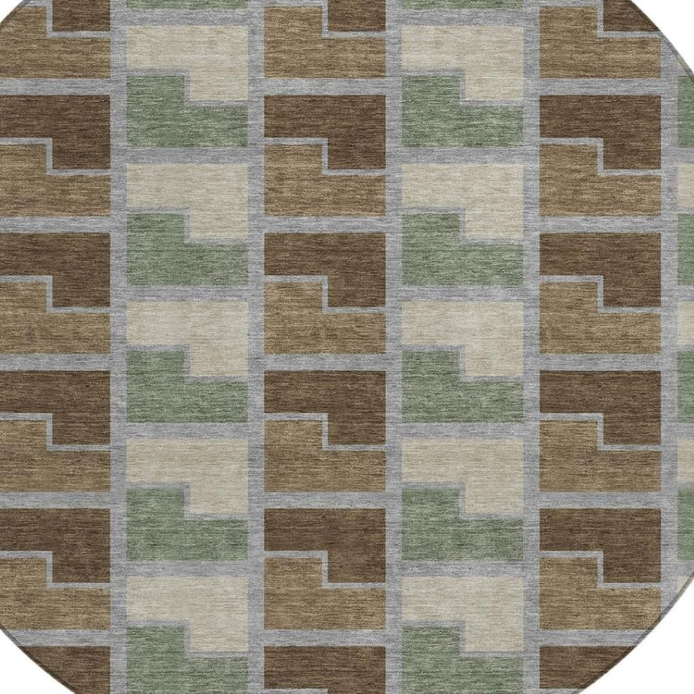 HomeRoots 8' Round Geometric Area Rug in Chocolate Gray & Beige - Washable, Indoor/Outdoor, Durable Design 691166