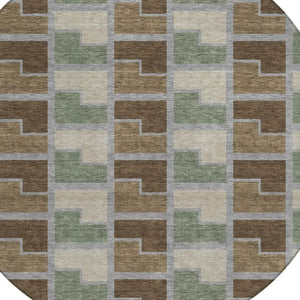 HomeRoots 8' Round Geometric Area Rug in Chocolate Gray & Beige - Washable, Indoor/Outdoor, Durable Design 691166