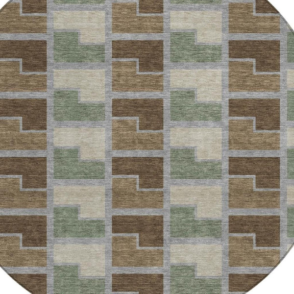 HomeRoots 8' Round Geometric Area Rug in Chocolate Gray & Beige - Washable, Indoor/Outdoor, Durable Design 691166