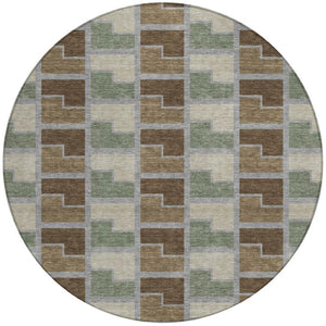 HomeRoots 8' Round Geometric Area Rug in Chocolate Gray & Beige - Washable, Indoor/Outdoor, Durable Design 691166