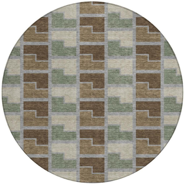 HomeRoots 8' Round Geometric Area Rug in Chocolate Gray & Beige - Washable, Indoor/Outdoor, Durable Design 691166