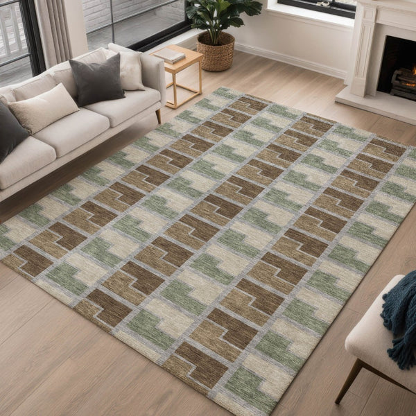 HomeRoots 10' Modern Geometric Area Rug in Chocolate Gray & Beige - Stylish, Washable for Indoor & Outdoor Use 691169