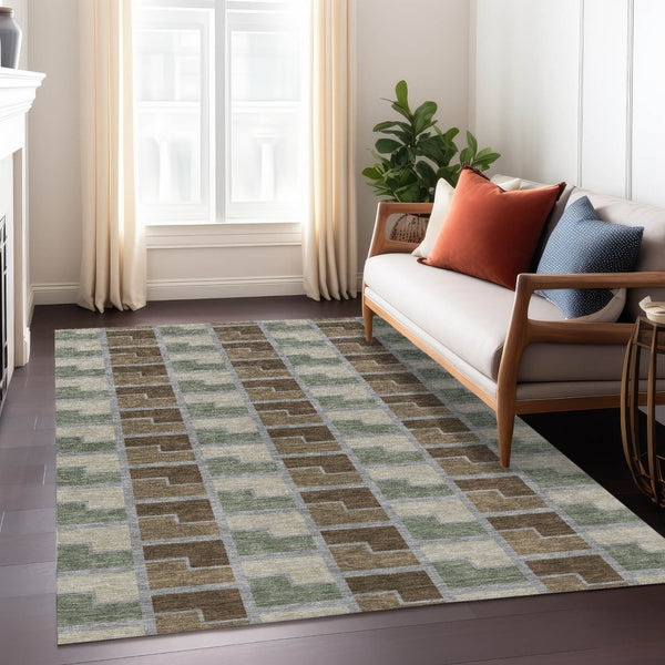 HomeRoots 10' Modern Geometric Area Rug in Chocolate Gray & Beige - Stylish, Washable for Indoor & Outdoor Use 691169
