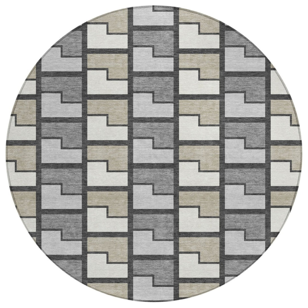 HomeRoots 8' Modern Ivory Taupe Gray Round Geometric Rug - Washable, Durable, Ideal for Indoor & Outdoor Use 691172