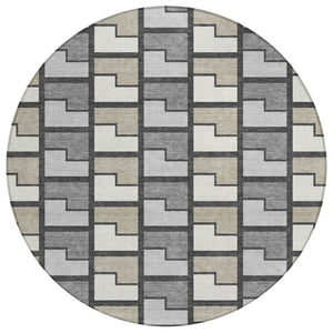 HomeRoots 8' Modern Ivory Taupe Gray Round Geometric Rug - Washable, Durable, Ideal for Indoor & Outdoor Use 691172