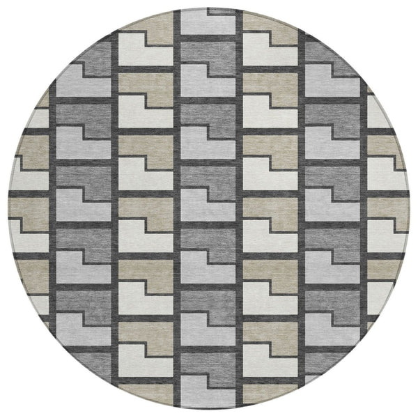 HomeRoots 8' Modern Ivory Taupe Gray Round Geometric Rug - Washable, Durable, Ideal for Indoor & Outdoor Use 691172