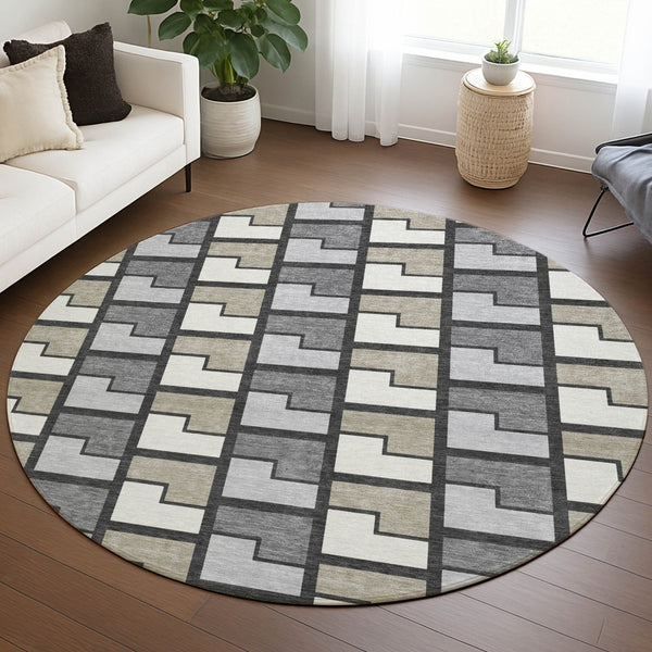 HomeRoots 8' Modern Ivory Taupe Gray Round Geometric Rug - Washable, Durable, Ideal for Indoor & Outdoor Use 691172