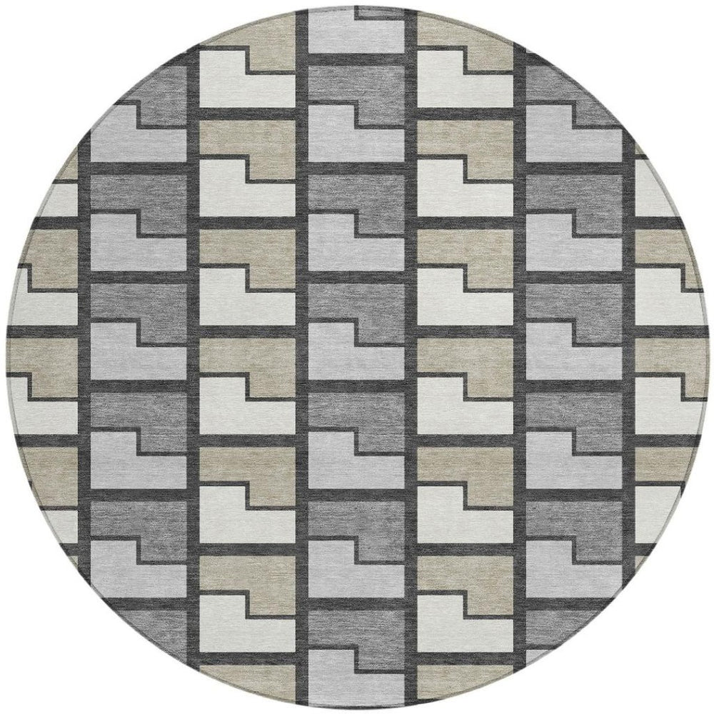 HomeRoots 8' Modern Ivory Taupe Gray Round Geometric Rug - Washable, Durable, Ideal for Indoor & Outdoor Use 691172