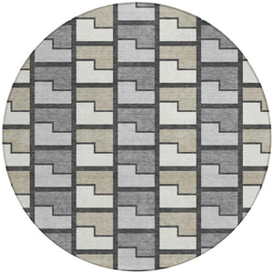 HomeRoots 8' Modern Ivory Taupe Gray Round Geometric Rug - Washable, Durable, Ideal for Indoor & Outdoor Use 691172