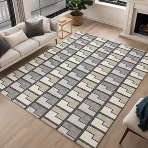 HomeRoots 9' X 12' Stylish Ivory Taupe & Gray Geometric Washable Area Rug for Indoor & Outdoor Durability 691174