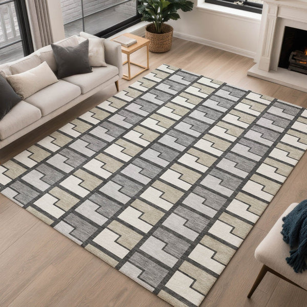 HomeRoots 9' X 12' Stylish Ivory Taupe & Gray Geometric Washable Area Rug for Indoor & Outdoor Durability 691174