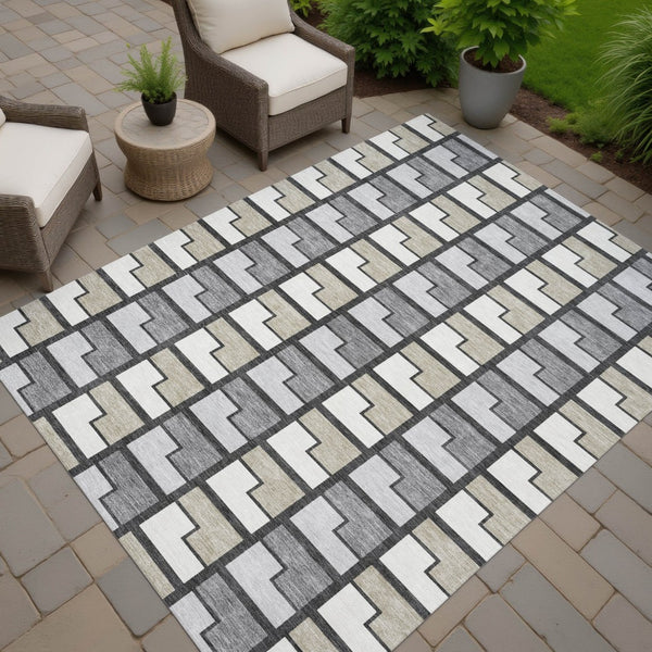 HomeRoots 9' X 12' Stylish Ivory Taupe & Gray Geometric Washable Area Rug for Indoor & Outdoor Durability 691174