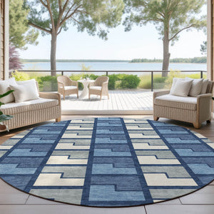 HomeRoots 8' Navy Blue Geometric Area Rug - Washable Indoor/Outdoor Round Design for Modern Spaces & Durability 691178