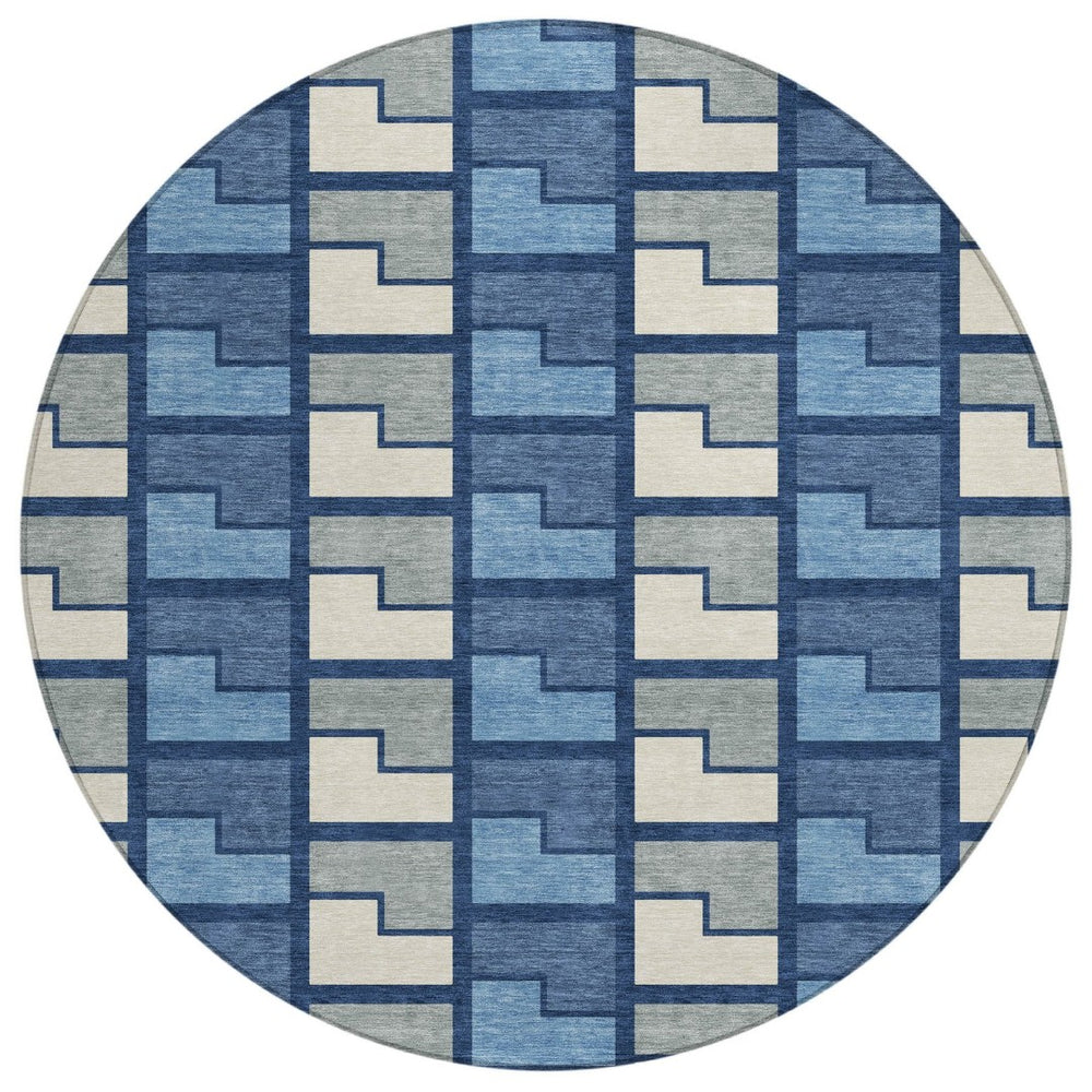 HomeRoots 8' Navy Blue Geometric Area Rug - Washable Indoor/Outdoor Round Design for Modern Spaces & Durability 691178