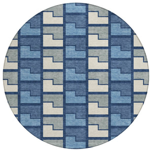 HomeRoots 8' Navy Blue Geometric Area Rug - Washable Indoor/Outdoor Round Design for Modern Spaces & Durability 691178