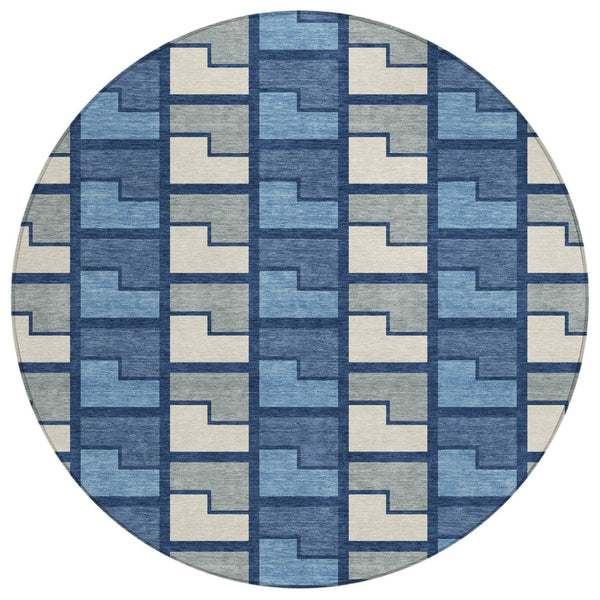 HomeRoots 8' Navy Blue Geometric Area Rug - Washable Indoor/Outdoor Round Design for Modern Spaces & Durability 691178