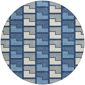 HomeRoots 8' Navy Blue Geometric Area Rug - Washable Indoor/Outdoor Round Design for Modern Spaces & Durability 691178