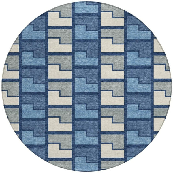 HomeRoots 8' Navy Blue Geometric Area Rug - Washable Indoor/Outdoor Round Design for Modern Spaces & Durability 691178