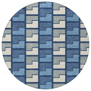HomeRoots 8' Navy Blue Geometric Area Rug - Washable Indoor/Outdoor Round Design for Modern Spaces & Durability 691178