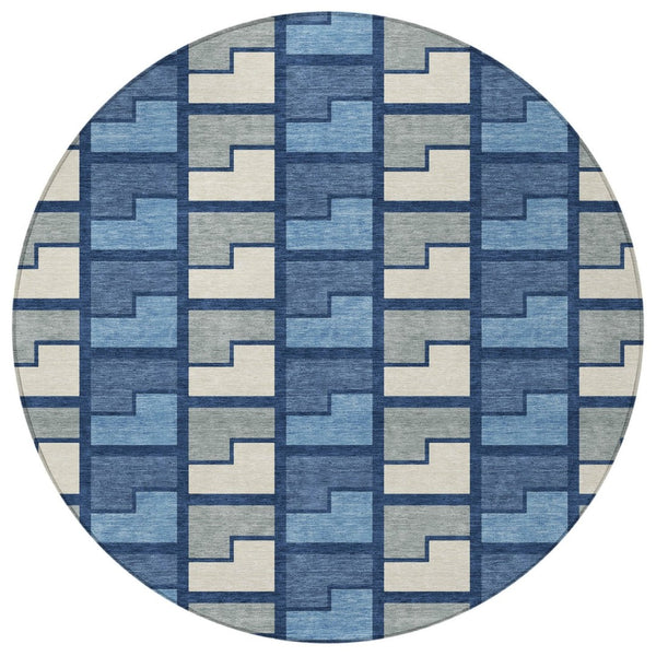HomeRoots 8' Navy Blue Geometric Area Rug - Washable Indoor/Outdoor Round Design for Modern Spaces & Durability 691178