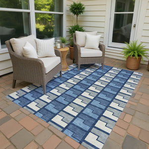 HomeRoots 8' X 10' Navy Blue Geometric Washable Area Rug - Durable, Stylish for Indoor & Outdoor Use 691179