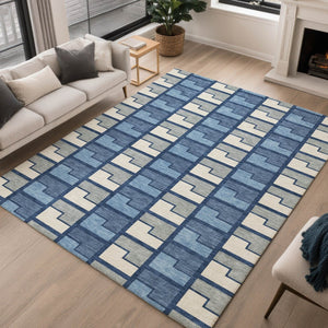HomeRoots 8' X 10' Navy Blue Geometric Washable Area Rug - Durable, Stylish for Indoor & Outdoor Use 691179