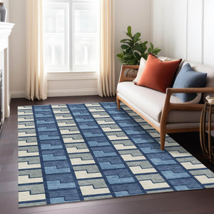 HomeRoots 8' X 10' Navy Blue Geometric Washable Area Rug - Durable, Stylish for Indoor & Outdoor Use 691179
