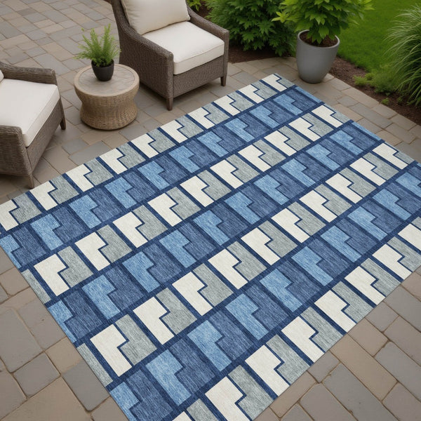 HomeRoots 8' X 10' Navy Blue Geometric Washable Area Rug - Durable, Stylish for Indoor & Outdoor Use 691179