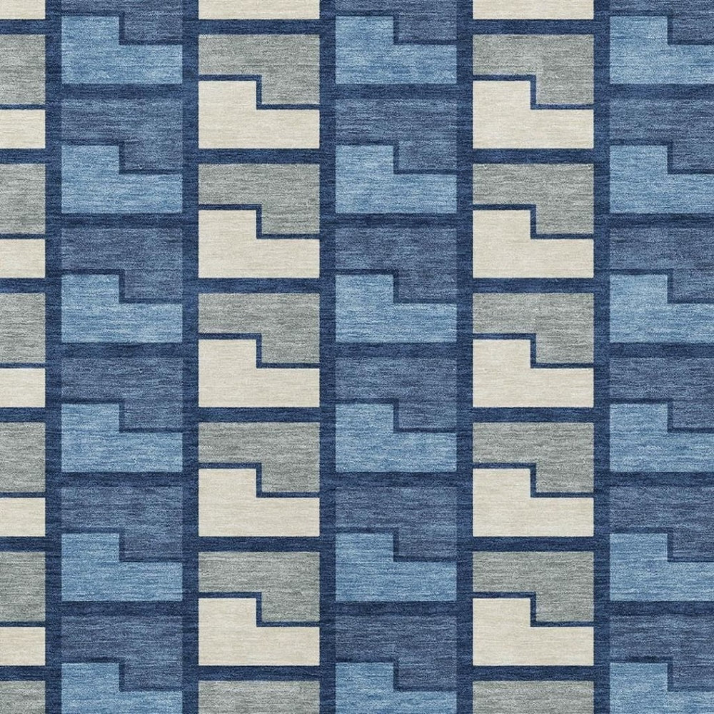 HomeRoots 9' X 12' Washable Navy Blue Geometric Area Rug - Durable Indoor/Outdoor Décor for Modern Spaces 691180
