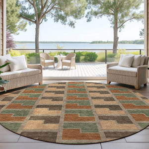 HomeRoots 8' Modern Rust Olive Green Round Geometric Washable Area Rug for Stylish Indoor & Outdoor Spaces 691184