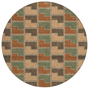HomeRoots 8' Modern Rust Olive Green Round Geometric Washable Area Rug for Stylish Indoor & Outdoor Spaces 691184