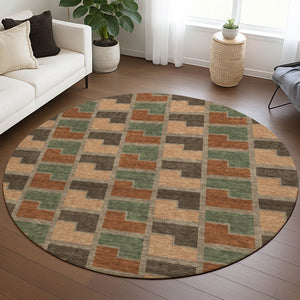 HomeRoots 8' Modern Rust Olive Green Round Geometric Washable Area Rug for Stylish Indoor & Outdoor Spaces 691184