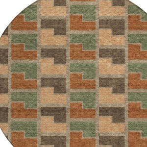 HomeRoots 8' Modern Rust Olive Green Round Geometric Washable Area Rug for Stylish Indoor & Outdoor Spaces 691184