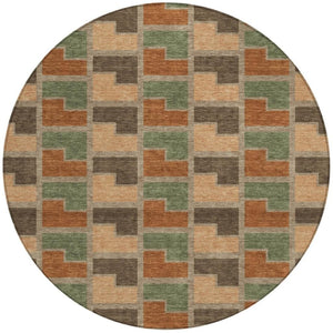 HomeRoots 8' Modern Rust Olive Green Round Geometric Washable Area Rug for Stylish Indoor & Outdoor Spaces 691184
