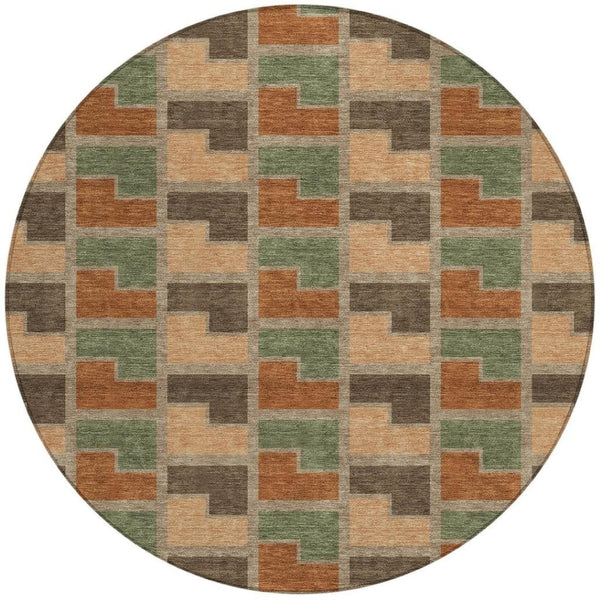 HomeRoots 8' Modern Rust Olive Green Round Geometric Washable Area Rug for Stylish Indoor & Outdoor Spaces 691184