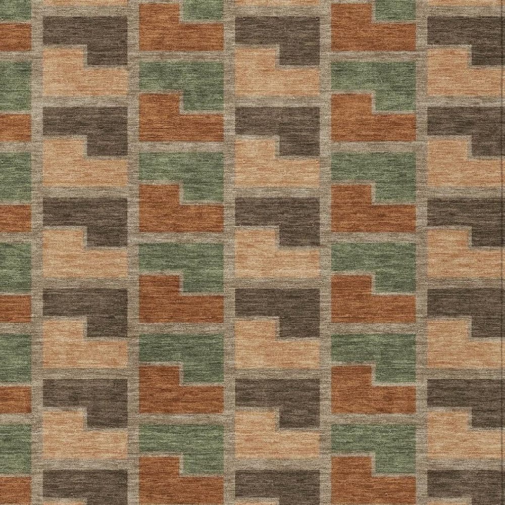 HomeRoots 8' X 10' Modern Geometric Area Rug in Rust Olive Green & Brown - Washable for Indoor/Outdoor Use 691185