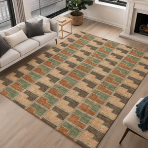 HomeRoots 8' X 10' Modern Geometric Area Rug in Rust Olive Green & Brown - Washable for Indoor/Outdoor Use 691185