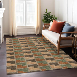 HomeRoots 8' X 10' Modern Geometric Area Rug in Rust Olive Green & Brown - Washable for Indoor/Outdoor Use 691185
