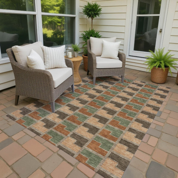 HomeRoots 9' Geometric Washable Indoor Outdoor Area Rug in Rust, Olive Green & Brown - Durable & Versatile! 691186