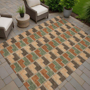 HomeRoots 9' Geometric Washable Indoor Outdoor Area Rug in Rust, Olive Green & Brown - Durable & Versatile! 691186