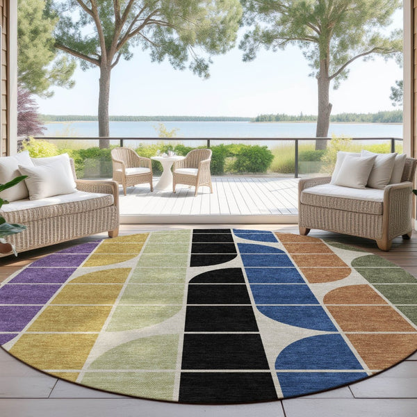 HomeRoots 8' Vibrant Blue, Black, Purple & Orange Round Geometric Washable Rug for Indoor & Outdoor Use 691190