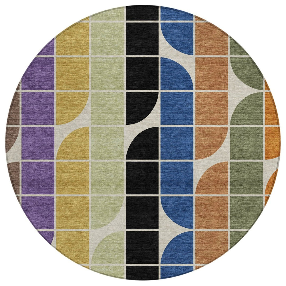 HomeRoots 8' Vibrant Blue, Black, Purple & Orange Round Geometric Washable Rug for Indoor & Outdoor Use 691190