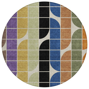 HomeRoots 8' Vibrant Blue, Black, Purple & Orange Round Geometric Washable Rug for Indoor & Outdoor Use 691190