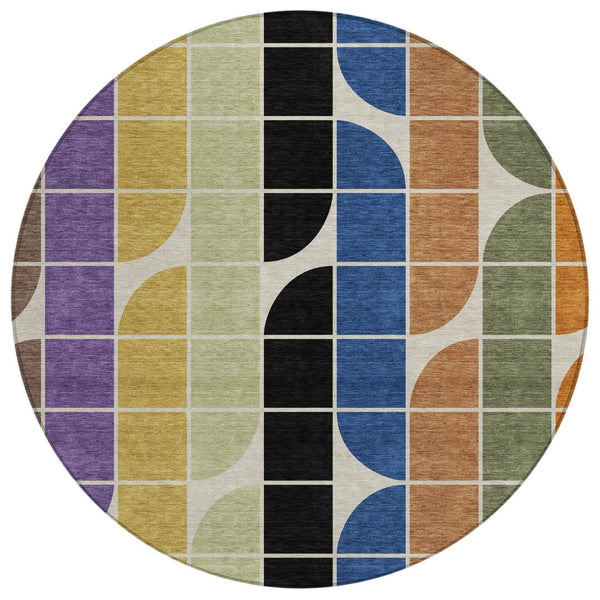 HomeRoots 8' Vibrant Blue, Black, Purple & Orange Round Geometric Washable Rug for Indoor & Outdoor Use 691190
