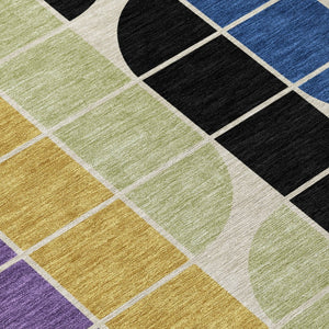 HomeRoots 8' Vibrant Blue, Black, Purple & Orange Round Geometric Washable Rug for Indoor & Outdoor Use 691190