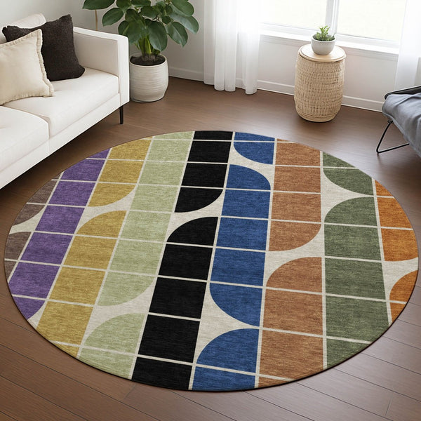 HomeRoots 8' Vibrant Blue, Black, Purple & Orange Round Geometric Washable Rug for Indoor & Outdoor Use 691190