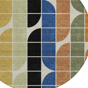 HomeRoots 8' Vibrant Blue, Black, Purple & Orange Round Geometric Washable Rug for Indoor & Outdoor Use 691190